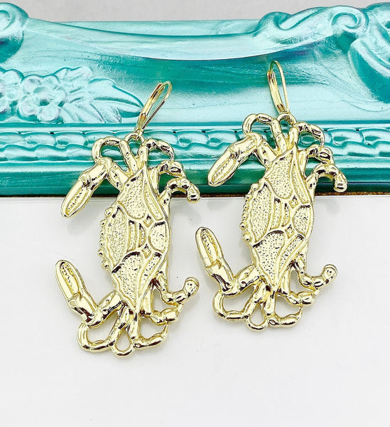 Gold Crab Earrings, Large, Hypoallergenic, Dangle Hoop Lever-back Earrings, L452