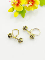 Dumbbell Earrings, Hypoallergenic Earrings, Gold Dumbbell Charm, Dumbbell Gym Sports Jewelry Gift, Dangle Hoop Lever-back Earrings, L290