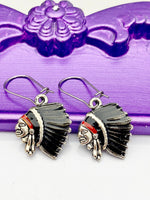 Indian Chief Earrings, Hypoallergenic Earrings, Indian Chief Charm, Indian Chief Jewelry Gift, Dangle Hoop Lever back Earrings, L299