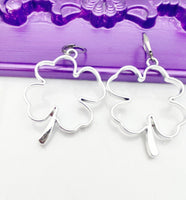 Irish Clover Earrings, Hypoallergenic Earrings, Silver Big Irish Clover Charm, Clover Jewelry Gift, Dangle Hoop Lever back Earrings, L309