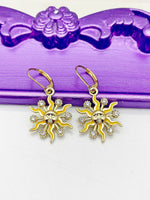 Sun Earrings, Hypoallergenic Earrings, Gold Sun Face Charm, Sun Smile Jewelry Gift, Dangle Hoop Lever-back Earrings, L313