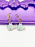 Paper Crane Earrings, Hypoallergenic Earrings, Gold Origami Crane Charm, Origami Bird Jewelry Gift, Dangle Hoop Lever-back Earrings, L315