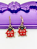 Ladybug Earrings, Hypoallergenic Earrings, Gold Red Ladybug Charm, Ladybug Bug Jewelry Gift, Dangle Hoop Lever-back Earrings, L318