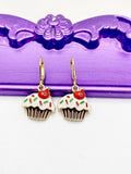 Cupcake Earrings, Hypoallergenic Earrings, Gold Cupcake Charm, Cupcake Baker Jewelry Gift, Dangle Hoop Lever-back Earrings, L319