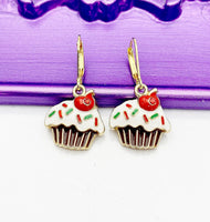 Cupcake Earrings, Hypoallergenic Earrings, Gold Cupcake Charm, Cupcake Baker Jewelry Gift, Dangle Hoop Lever-back Earrings, L319