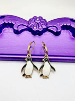 Penguin Earrings, Hypoallergenic Earrings, Gold Penguin Charm, Bird Penguin Jewelry Gift, Dangle Hoop Lever-back Earrings, L321