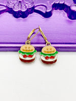 Burger Earrings, Hypoallergenic Earrings, Gold Hamburger Charm, Hamburger Jewelry Foodie Gift, Dangle Hoop Lever-back Earrings, L323