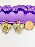 Elephant Earrings, Hypoallergenic Earrings, Gold Elephant Charm, Elephant Jewelry Zoo Animal Gift, Dangle Hoop Lever-back Earrings, L324