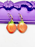 Strawberry Earrings, Hypoallergenic Earrings, Gold Red Strawberry Charm, Strawberry Fruit Jewelry Gift, Dangle Hoop Lever-back Earrings L325