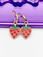 Strawberry Earrings, Hypoallergenic Earrings, Gold Red Strawberry Charm, Strawberry Fruit Jewelry Gift, Dangle Hoop Lever-back Earrings L326
