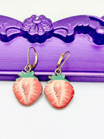 Strawberry Earrings, Hypoallergenic Earrings, Gold Red Strawberry Charm, Strawberry Fruit Jewelry Gift, Dangle Hoop Lever-back Earrings L327