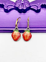 Small Strawberry Earrings, Hypoallergenic Earrings Gold Strawberry Charm Strawberry Fruit Jewelry Gift, Dangle Hoop Lever-back Earrings L328