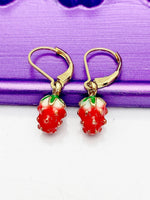 Small Strawberry Earrings, Hypoallergenic Earrings Gold Strawberry Charm Strawberry Fruit Jewelry Gift, Dangle Hoop Lever-back Earrings L330
