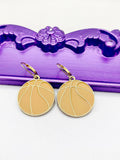 Basketball Earrings, Hypoallergenic Earrings, Gold Basketball Charm, Basketball Sports Jewelry Gift, Dangle Hoop Lever-back Earrings L333