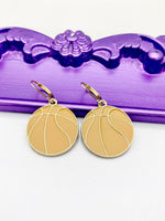 Basketball Earrings, Hypoallergenic Earrings, Gold Basketball Charm, Basketball Sports Jewelry Gift, Dangle Hoop Lever-back Earrings L333