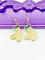 Banana Earrings, Hypoallergenic Earrings, Gold Yellow Banana Charm, Banana Fruit Jewelry Gift, Dangle Hoop Lever-back Earrings L341
