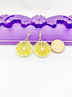 Lemon Earrings, Hypoallergenic Earrings, Gold Yellow Lemon Charm, Lemon Jewelry Gift, Dangle Hoop Lever-back Earrings L342