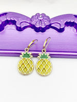 Pineapple Earrings, Hypoallergenic Earrings, Gold Yellow Pineapple Charm, Pineapple Jewelry Gift, Dangle Hoop Lever-back Earrings L343