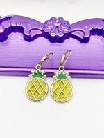 Pineapple Earrings, Hypoallergenic Earrings, Gold Yellow Pineapple Charm, Pineapple Jewelry Gift, Dangle Hoop Lever-back Earrings L343