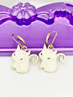 Gold Cute White Cat Earrings, Hypoallergenic, Dangle Hoop Lever-back Earrings, L455