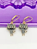 Gold Cute Black Cat Earrings, Hypoallergenic, Dangle Hoop Lever-back Earrings, L456