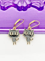 Gold Cute Black Cat Earrings, Hypoallergenic, Dangle Hoop Lever-back Earrings, L456