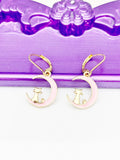 Gold Pink Cat on the Moon Earrings, Hypoallergenic, Dangle Hoop Lever-back Earrings, L458