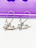 Silver Black Cat Earrings, Hypoallergenic, Dangle Hoop Lever-back Earrings, L462