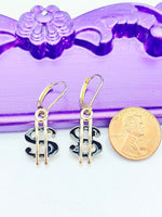 Gold Dollar Sign Earrings, Luck Gift, Hypoallergenic, Dangle Hoop Lever-back Earrings, L472
