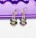 Gold Dollar Sign Earrings, Luck Gift, Hypoallergenic, Dangle Hoop Lever-back Earrings, L472
