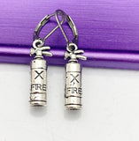 Silver Fire Fighter Earrings, Fireman Fire Extinguisher, Hypoallergenic, Dangle Hoop Lever-back Earrings, L475