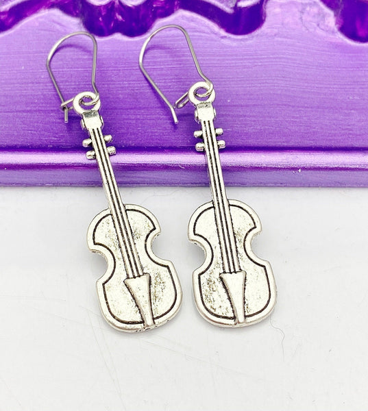 Silver Violin Earrings, Hypoallergenic, Dangle Hoop Lever-back Earrings, L478
