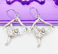 Silver Monkey Earrings, Hypoallergenic, Dangle Hoop Lever-back Earrings, L481