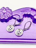 Silver Button Earrings, Hypoallergenic, Dangle Hoop Lever-back Earrings, N4640