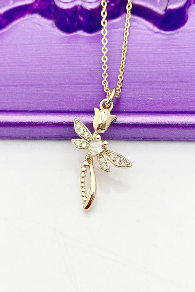 Tulip Flower Dragonfly Necklace, Real 18K Gold Plated Necklace, Cubic Zirconia Necklace, Best Mother's Day Gift, L366