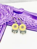 Sunflower Earrings, Gold Sunflower Charms, Hypoallergenic, Dangle Hoop Lever-back Earrings, L420