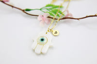 Hamsa Evil Eye Necklace, Gold Necklace, Shell, Dainty Necklace, N4513