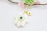 Hamsa Evil Eye Necklace, Gold Necklace, Shell, Dainty Necklace, N4513