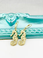 Gold Seahorse Earrings, Hypoallergenic, Dangle Hoop Lever-back Earrings, L439