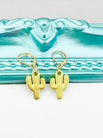 Gold Cactus Earrings, Hypoallergenic, Dangle Hoop Lever-back Earrings, L441