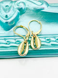 Gold Cowrie Earrings, Hypoallergenic, Dangle Hoop Lever-back Earrings, L446