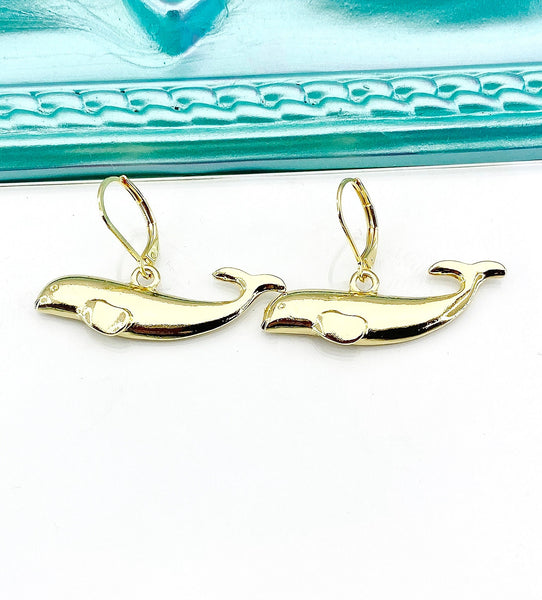 Gold Dolphin Earrings, Hypoallergenic, Dangle Hoop Lever-back Earrings, L448