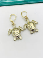 Gold Sea Turtle Earrings, Hypoallergenic, Dangle Hoop Lever-back Earrings, L449