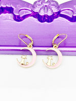 Gold Pink Cat on the Moon Earrings, Hypoallergenic, Dangle Hoop Lever-back Earrings, L458