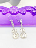 Silver Violin Earrings, Hypoallergenic, Dangle Hoop Lever-back Earrings, L478