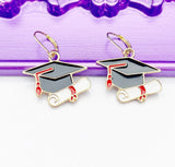 Graduation Gift, Graduation Cap Diploma, Gold Earrings, Hypoallergenic, Dangle Hoop Lever-back Earrings, N4643