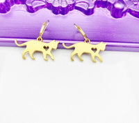 Gold Cat Earrings, Hypoallergenic, Dangle Hoop Lever-back Earrings, L480