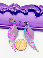 Guardian Angel Wings Earrings, Hypoallergenic, Dangle Hoop Lever-back Earrings, L487
