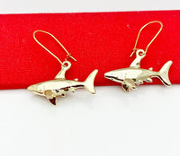 Gold Shark Earrings, Hypoallergenic, Dangle Hoop Lever-back Earrings, L450