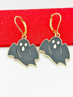 Cute Ghost Earrings, Hypoallergenic Earrings, Gold Black Ghost Charm, Halloween Jewelry Gift, Dangle Hoop Lever-back Earrings, L320